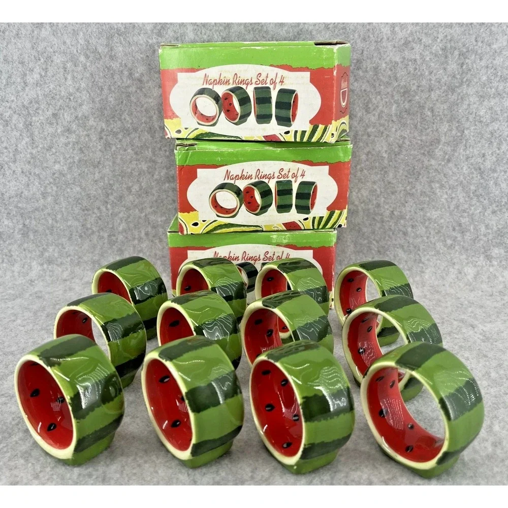 Watermelon Ceramic Napkin Rings Set Of 12 Green Red Fruit Summer Table Decor
